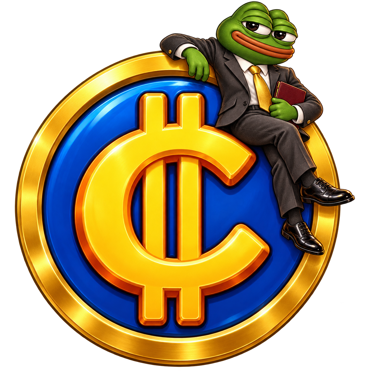 Pepe Business in a charcoal suit, seated confidently on a gold and blue coin